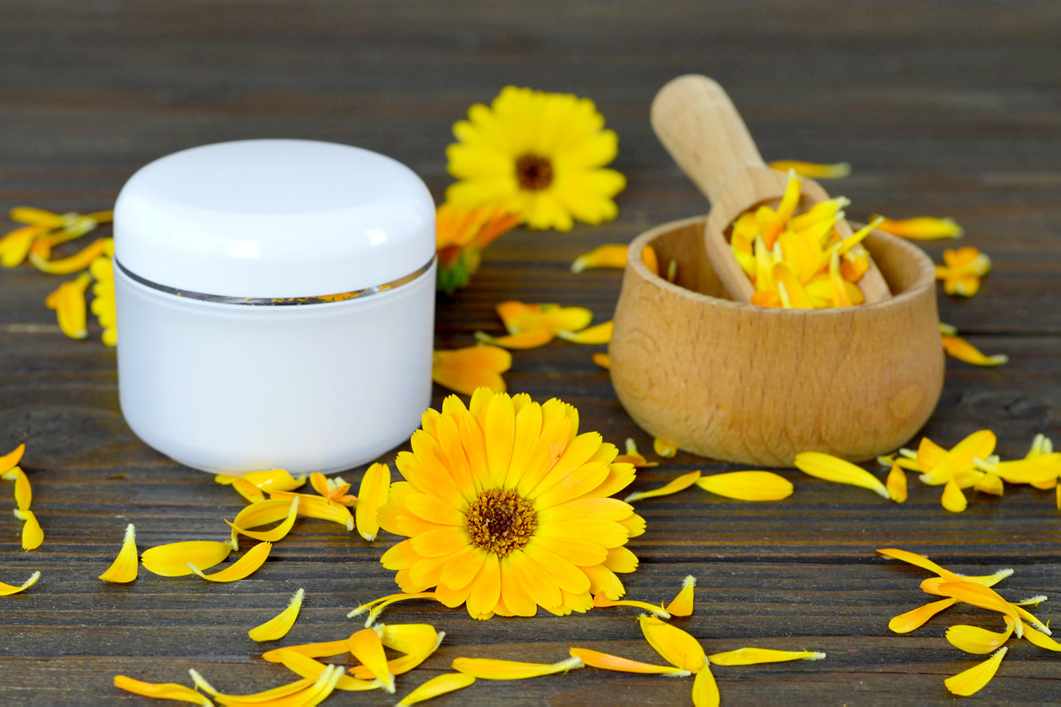 Herbal calendula cream on wooden background.