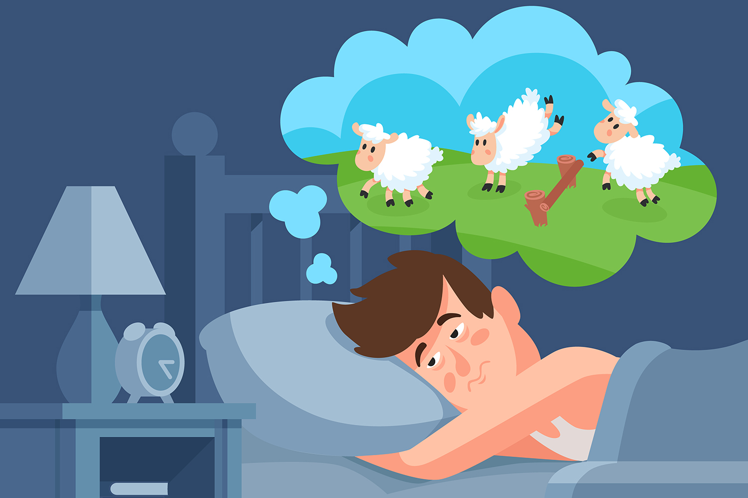 a man trying to fall asleep by counting sheep