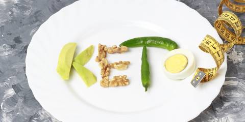 Keto spelled out on a white plate with Keto diet foods and a tape measure.
