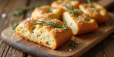 Sliced pieces of focaccia sprinkled with sea salt and rosemary sprigs  on a wooden cutting board.