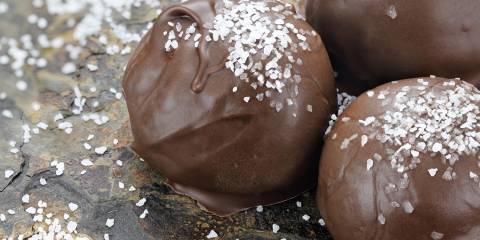 Peanut butter chocolate truffle candies with sea salt.