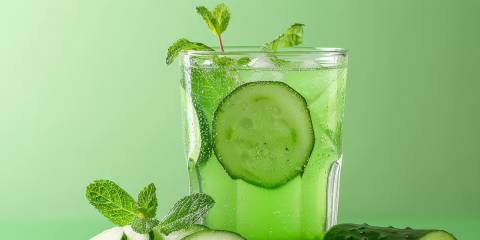 a glass of cucumber juice garnished with mint