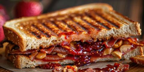 Half of a grilled peanut butter and jelly sandwich. 