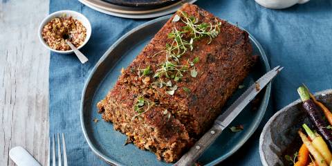 Vegan stuffing cooked as a loaf for slicing