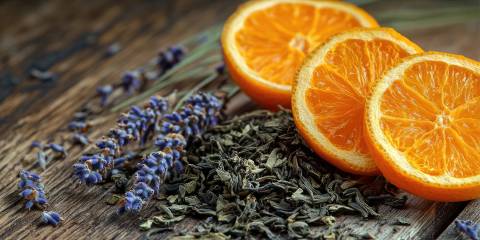 lavender, orange slices, and herbs