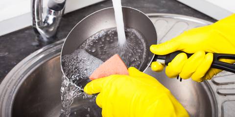 scrubbing a frying pan under hot water
