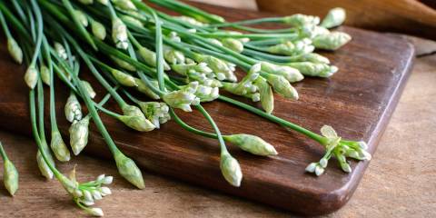 garlic chives on a cutting board