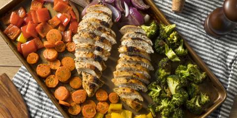 Homemade Keto Sheet Pan Chicken with Rainbow Vegetables.