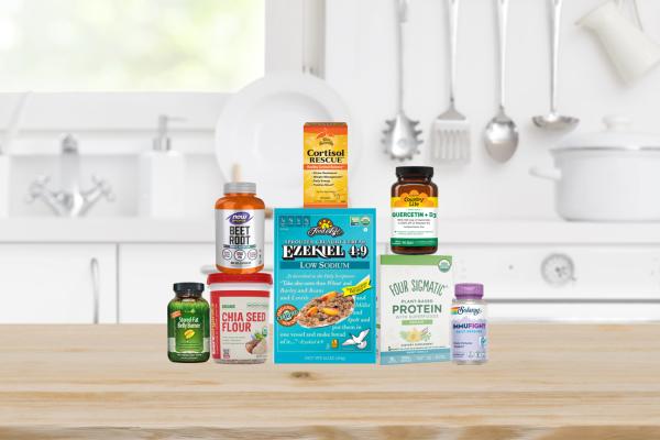 a box of cereal and a variety of supplements