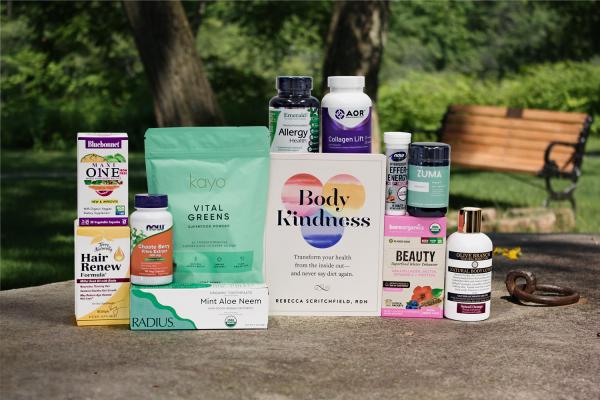 a selection of all-natural products and a book