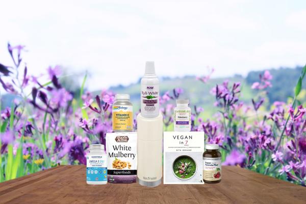 a selection of all-natural supplements and a thermos