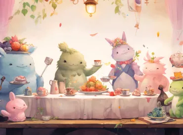 friendly monsters sharing a feast